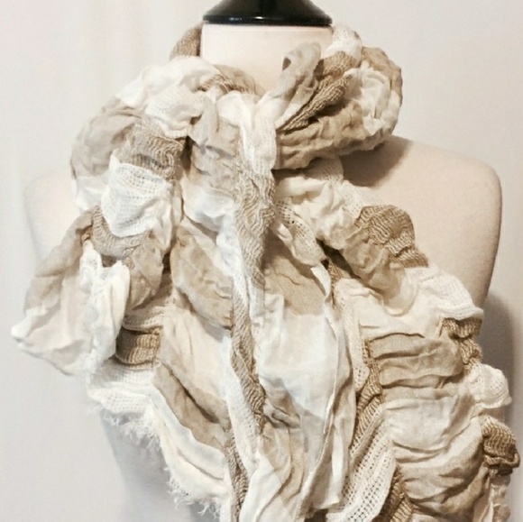 Cream & Tan Cotton Stripe Scarf - Picture 6 of 6